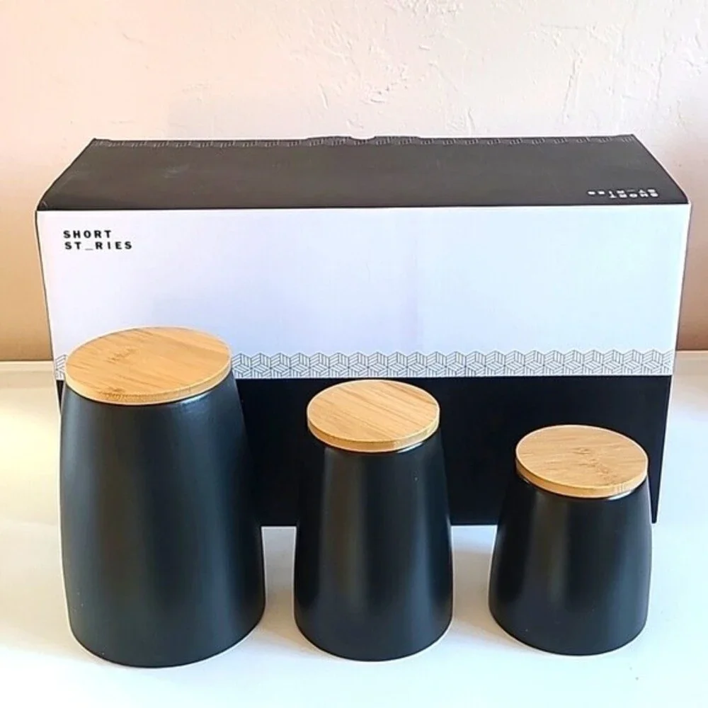 Short Stories 3 Piece Black Ceramic & Wood Canister Set